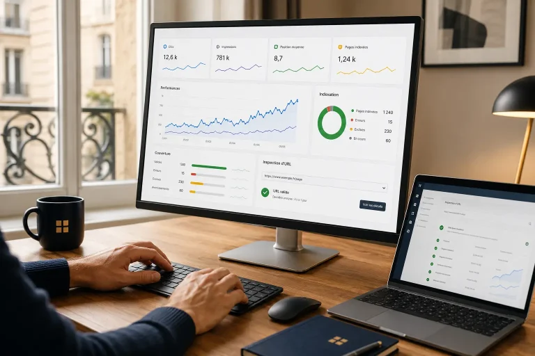 Poste de travail MKB Digital affichant un tableau de bord Google Search Console avec les clics, les impressions et les données d’indexation