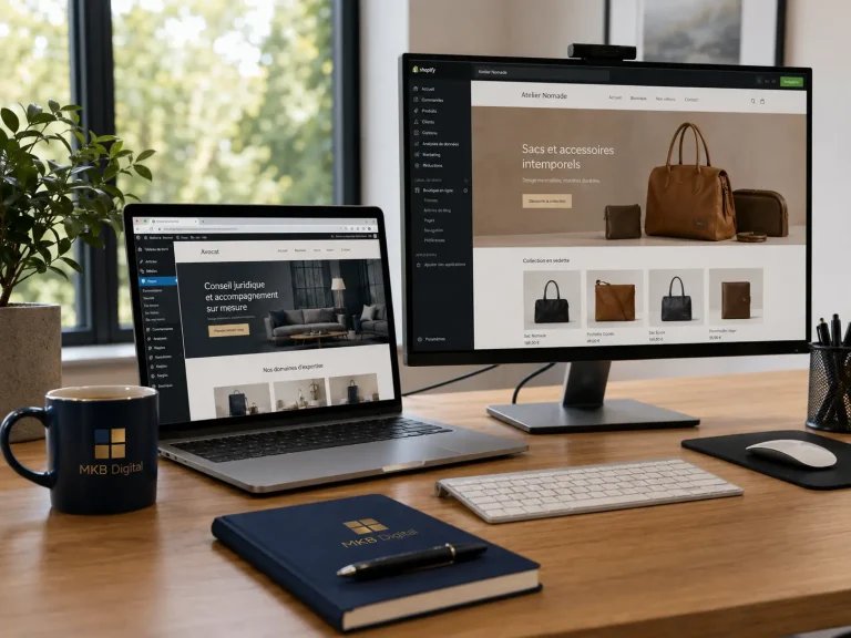 Poste de travail MKB Digital avec un site WordPress et une boutique Shopify en cours de conception