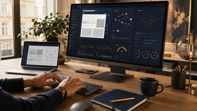 Poste de travail affichant l’optimisation d’une page SEO pour Google et les moteurs IA