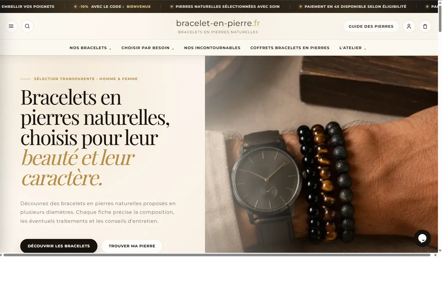 Aperçu de l’accueil de la boutique Bracelet en Pierre