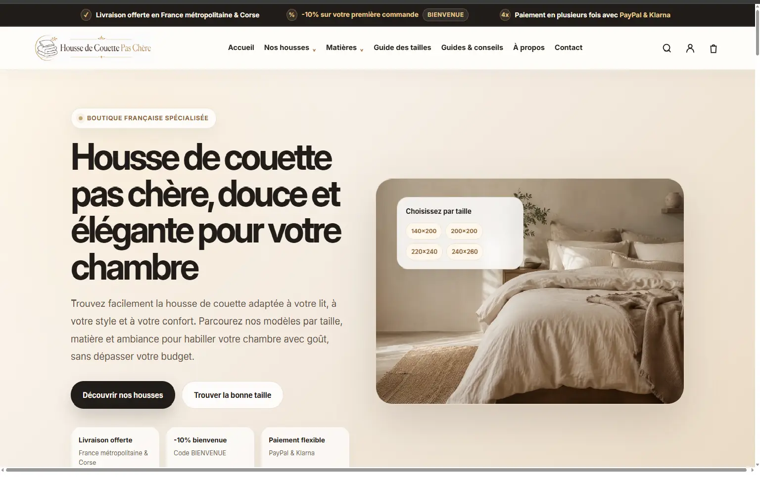 Capture d’écran de la boutique Shopify Housse de Couette Pas Chère structurée et exploitée par MKB Digital